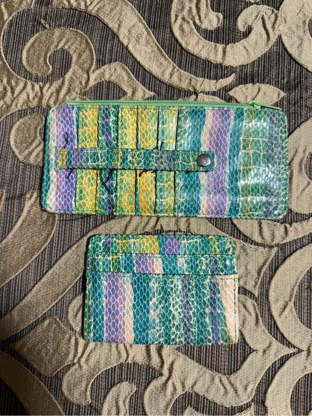 Slim Green Multi-Stripe Card Wallet and Zipper Pouch Set